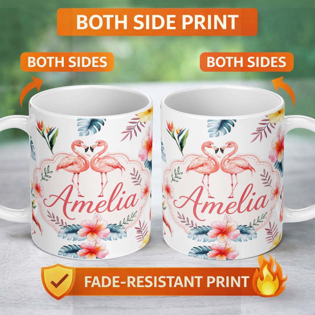 Personalized Custom Name Elegant Pink Flamingos Tropical Flowers on Light Grey Background 11oz Ceramic Coffee Tea Mug White Large Handle