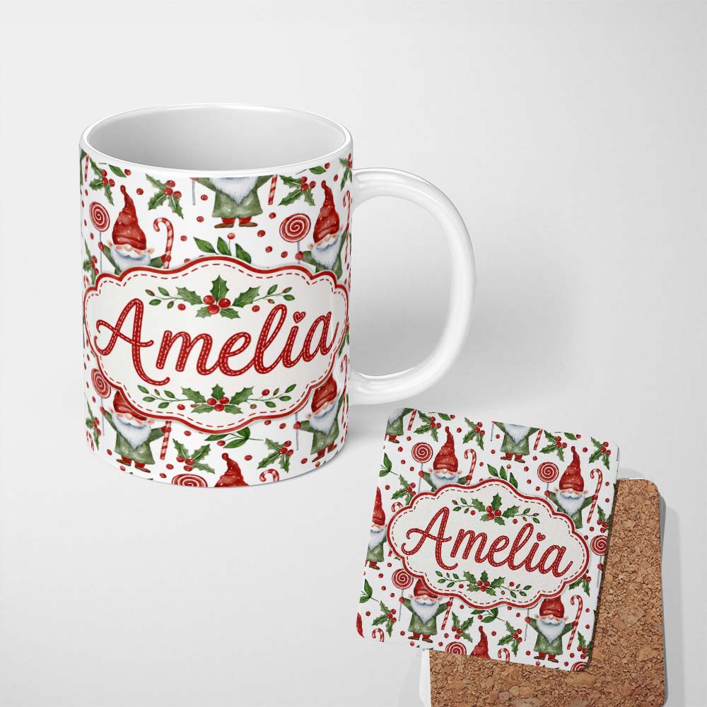 Personalized Custom Name Watercolor Christmas Gnome Candy Cane Holly Berry Seamless Pattern 11oz Ceramic Coffee Tea Mug White Large Handle