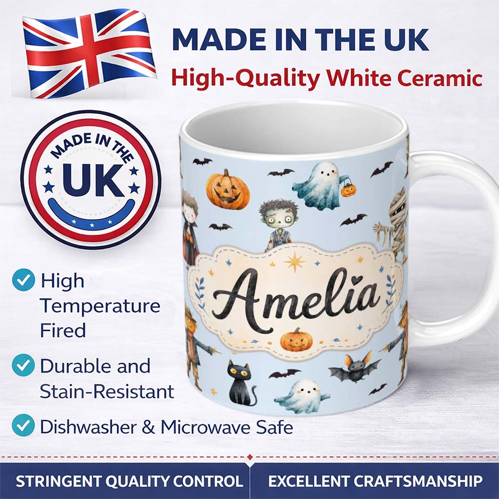 Personalized Custom Name Cute Halloween Zombie Mummy Vampire Bat Spooky Blue Background 11oz Ceramic Coffee Tea Mug White Large Handle