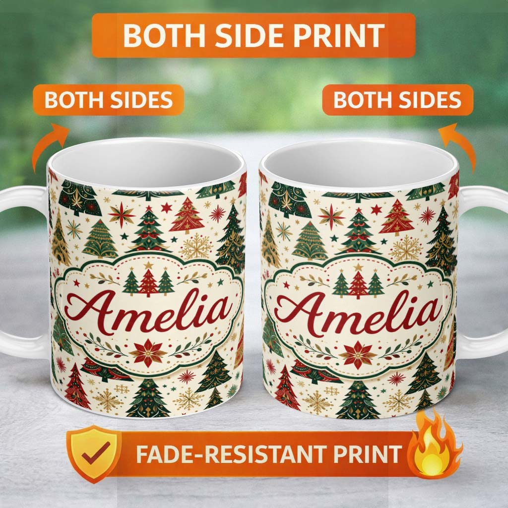 Personalized Custom Name Ornate Christmas Trees Snowflakes Stars Vintage Holiday Seamless 11oz Ceramic Coffee Tea Mug White Large Handle