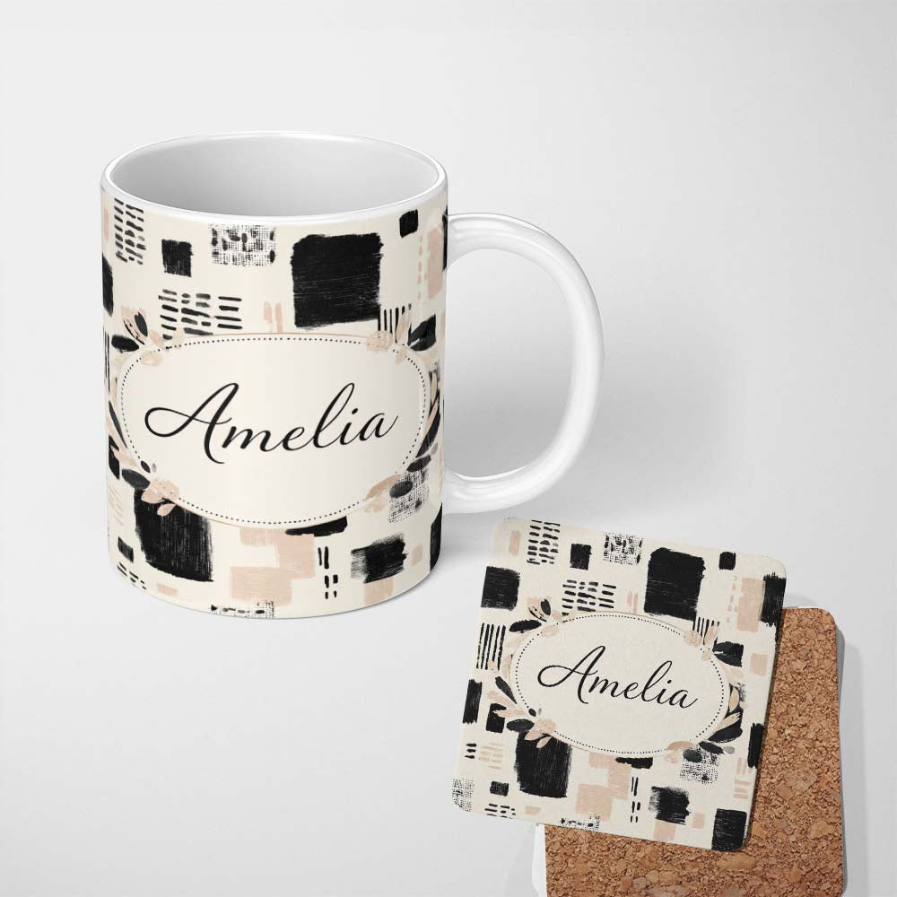 Personalized Custom Name Textured Brush Blocks Black Beige Artistic Abstract Pattern Lovely 11oz Ceramic Coffee Tea Mug White Large Handle