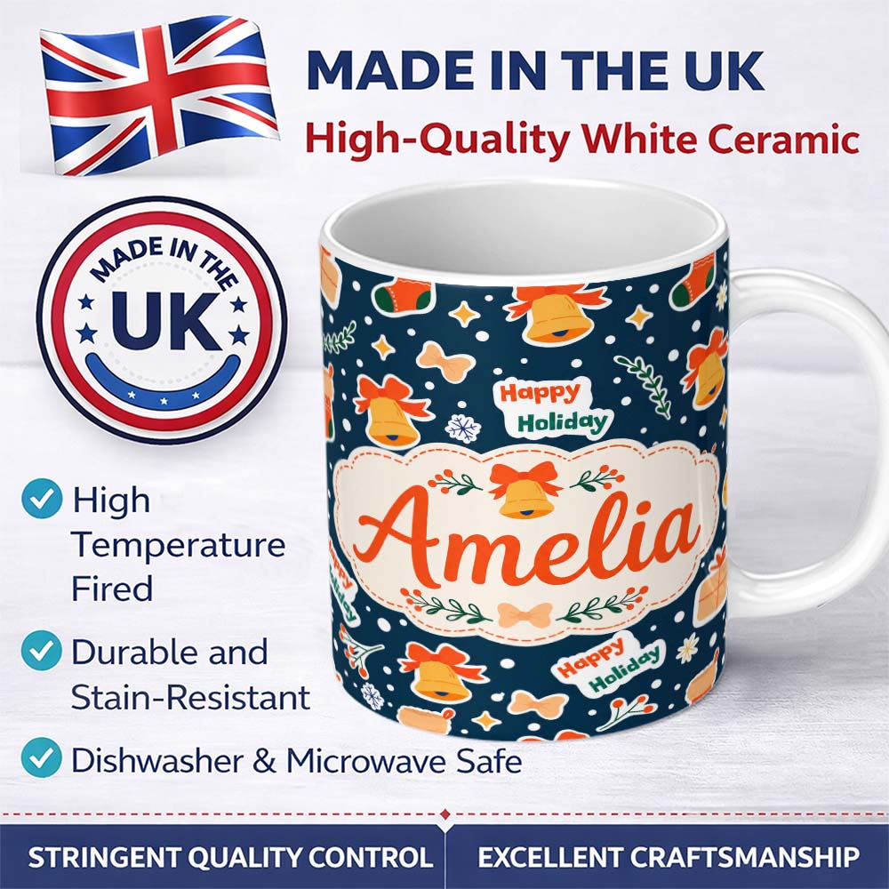 Personalized Custom Name Happy Holiday Bells Gift Box Snowflakes Winter Festive Seamless 11oz Ceramic Coffee Tea Mug White Large Handle