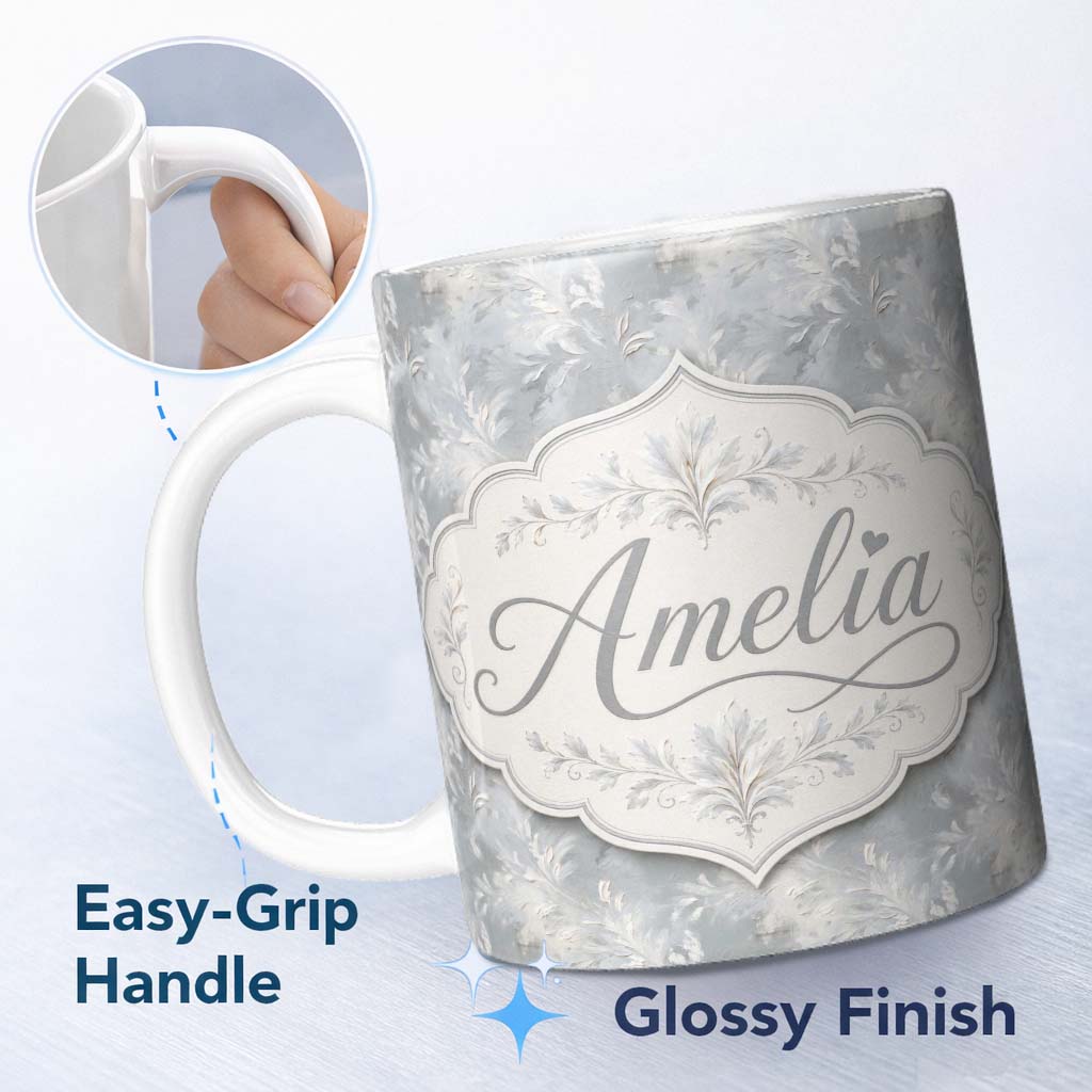 Personalized Custom Name Muted Grey Artistic Leaf Brush Texture Seamless Pattern Lovely 11oz Ceramic Coffee Tea Mug White Large Handle