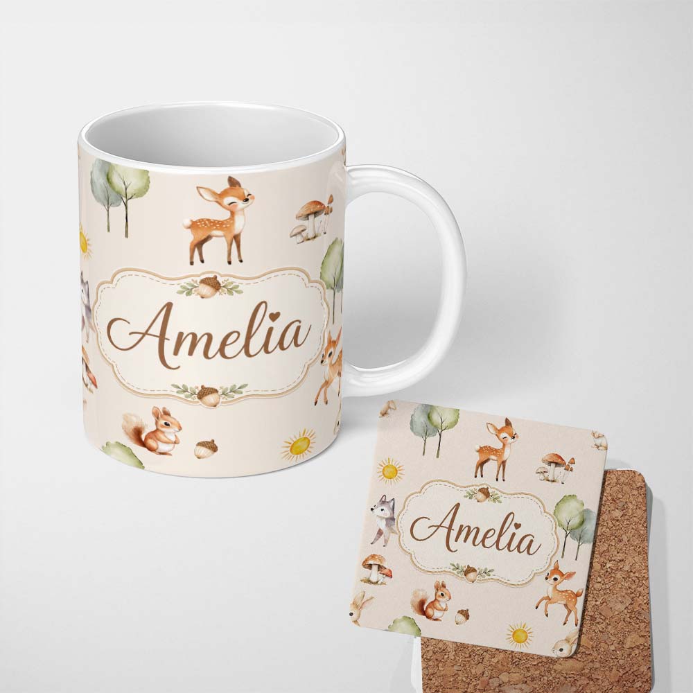 Personalized Custom Name Cute Woodland Deer Fox Mushroom Seamless Pattern on Soft Beige 11oz Ceramic Coffee Tea Mug White Large Handle
