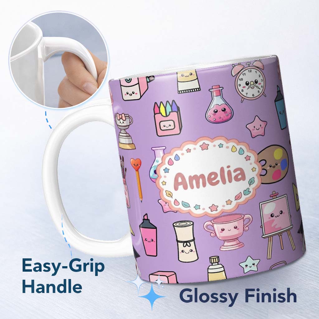 Personalized Custom Name Cute Kawaii Graduation School Science Art Supplies Pattern Purple 11oz Ceramic Coffee Tea Mug White Large Handle