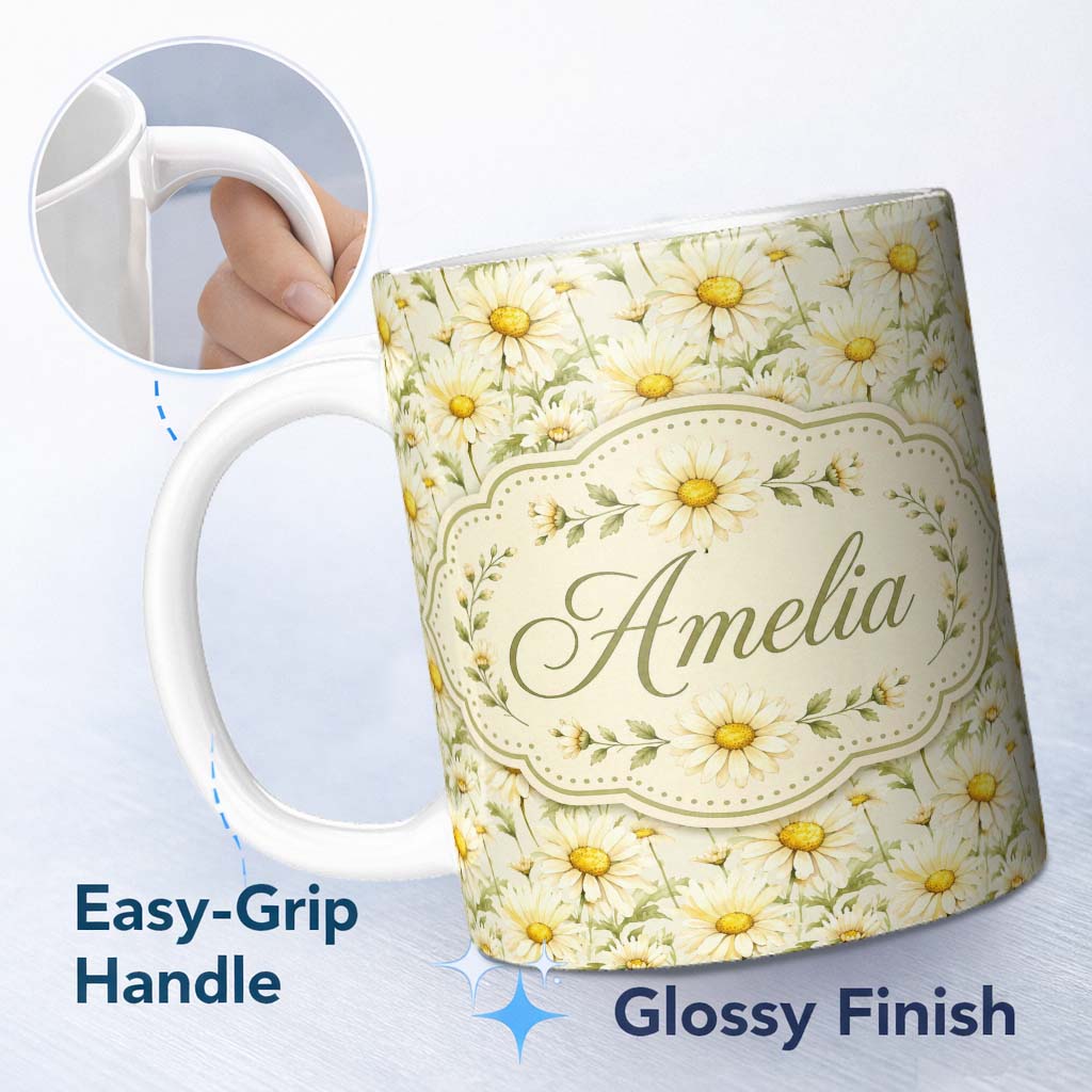 Personalized Custom Name Soft Cream Background Daisy Botanical Seamless Pattern Lovely 11oz Ceramic Coffee Tea Mug White Large Handle
