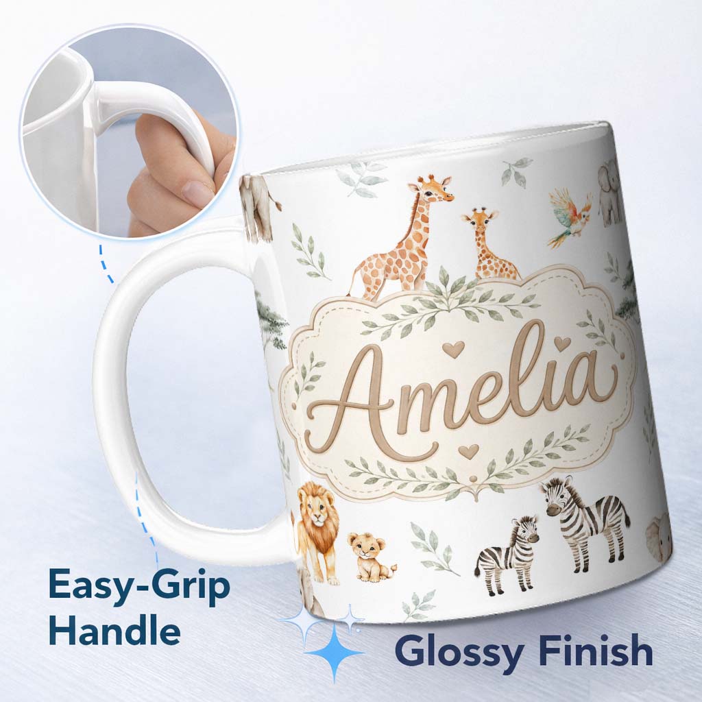 Personalized Custom Name Cute Safari Animals Giraffe Lion Zebra Parrot Pattern Light Grey 11oz Ceramic Coffee Tea Mug White Large Handle