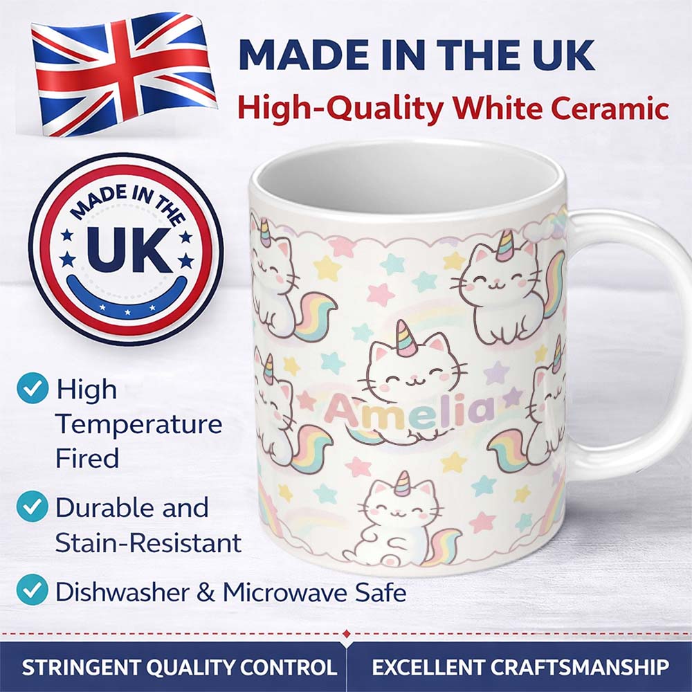 Personalized Custom Name Cute Rainbow Unicorn Cat Cartoon Animal Pattern Perfect Gift for Her 11oz Ceramic Coffee Tea Mug White Large Handle