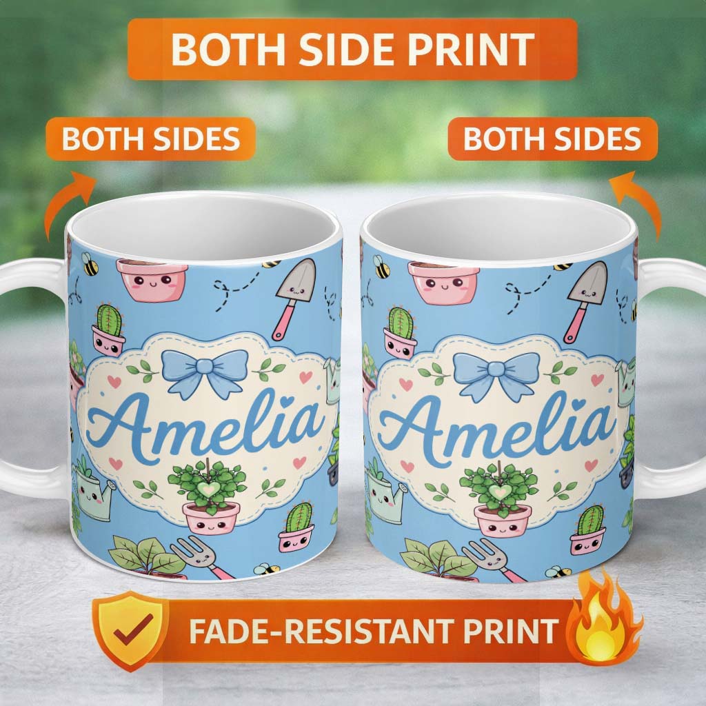 Personalized Custom Name Cute Kawaii Garden Tools Plants Bees Seamless Pattern Blue Lovely 11oz Ceramic Coffee Tea Mug White Large Handle