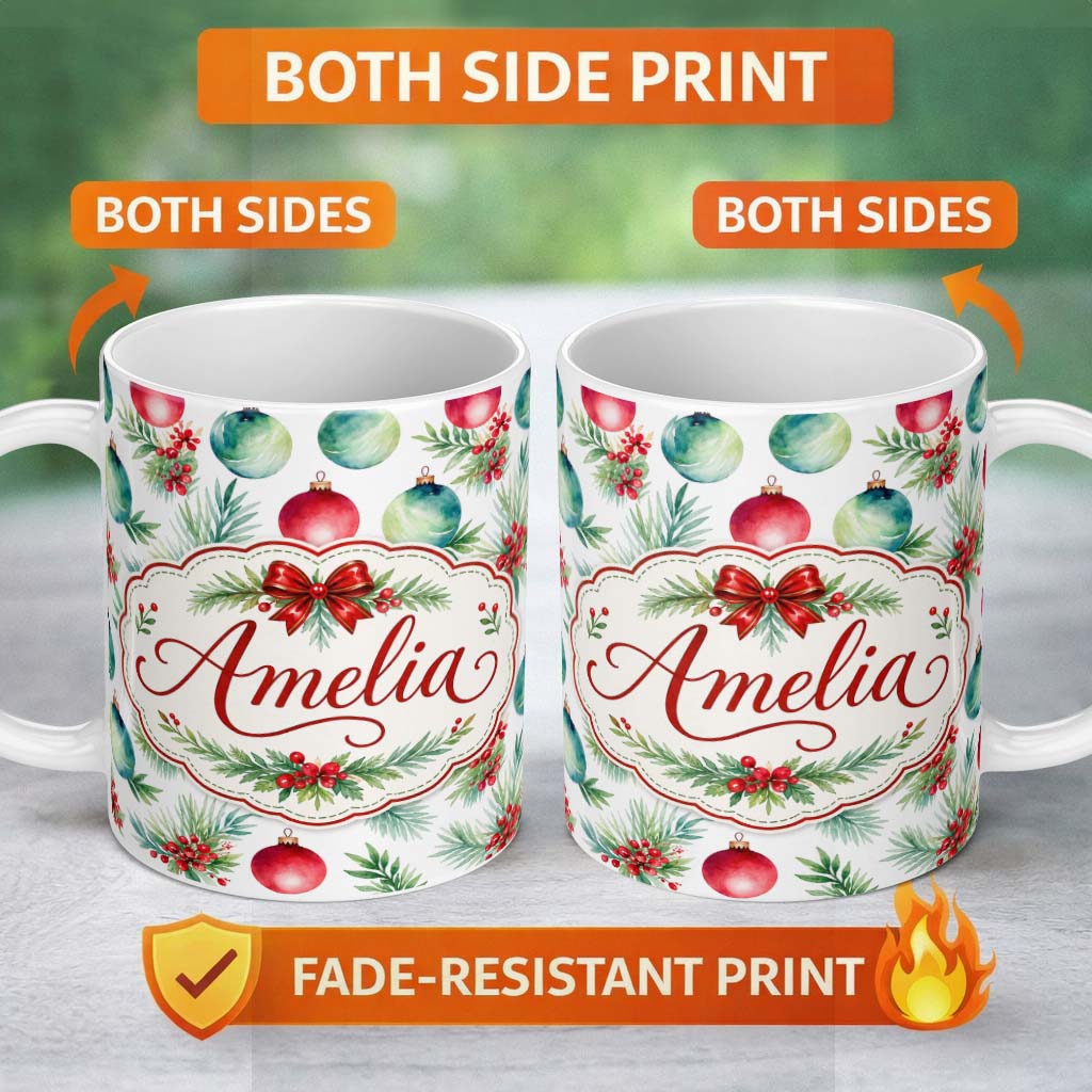 Personalized Custom Name Watercolor Christmas Baubles Pine Berry Greenery Seamless Pattern 11oz Ceramic Coffee Tea Mug White Large Handle