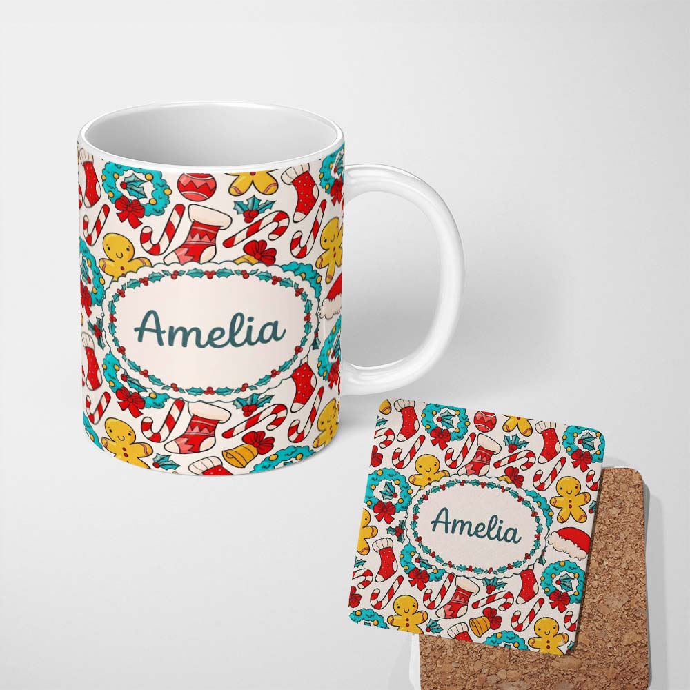 Personalized Custom Name Cute Gingerbread Wreath Bell Candy Cane Seamless Pattern Festive 11oz Ceramic Coffee Tea Mug White Large Handle