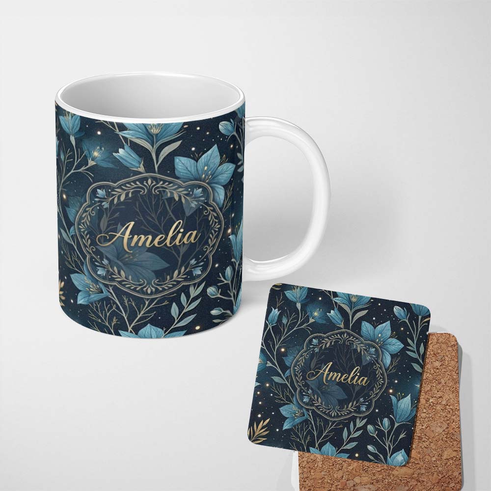 Personalized Custom Name Crystal Moon Starry Sky Botanical Elements Seamless Pattern Lovely 11oz Ceramic Coffee Tea Mug White Large Handle