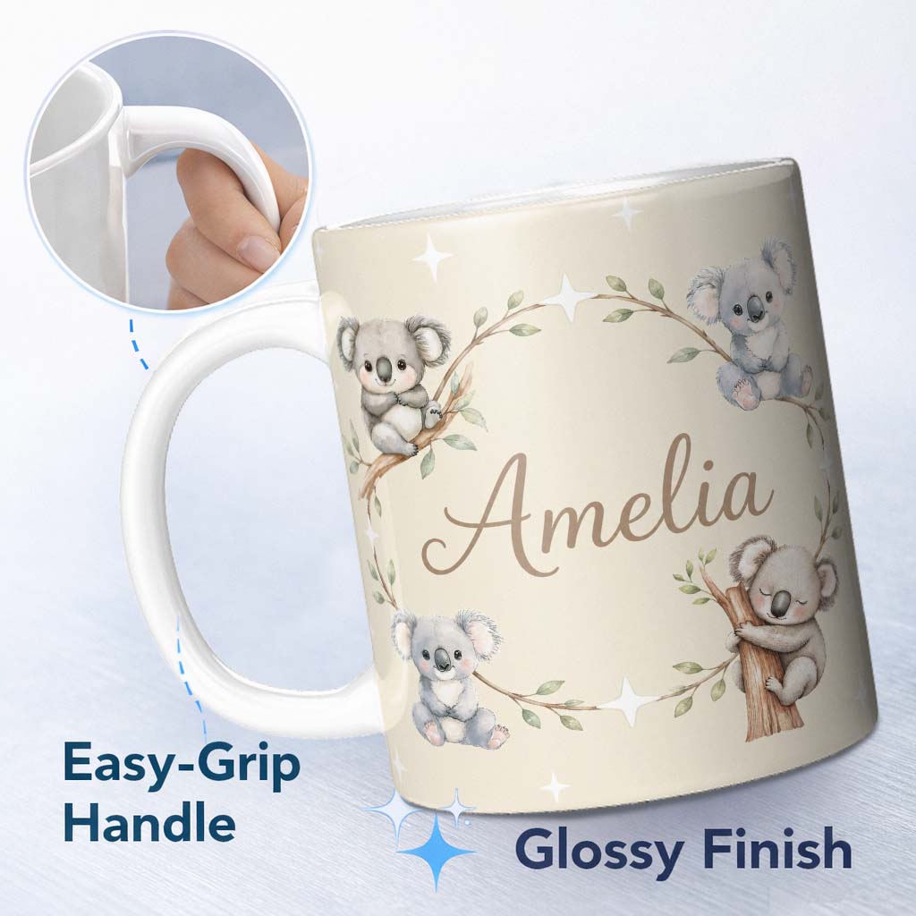 Personalized Custom Name Cute Baby Koala Bears with Stars on Soft Beige Background Seamless 11oz Ceramic Coffee Tea Mug White Large Handle