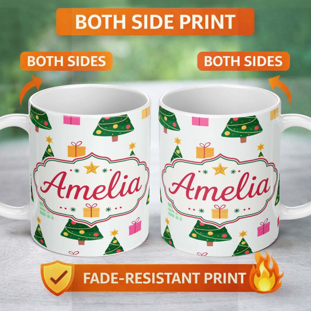 Personalized Custom Name Cute Christmas Tree Gift Box Festive Seamless Pattern 11oz Ceramic Coffee Tea Mug White Large Handle
