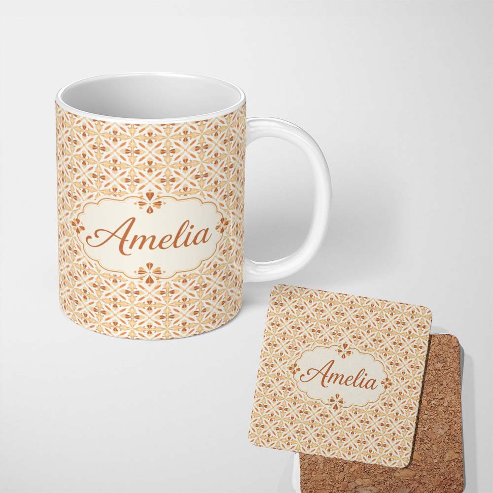 Personalized Custom Name Warm Beige and Terracotta Geometric Floral Tile Pattern in Soft 11oz Ceramic Coffee Tea Mug White Large Handle
