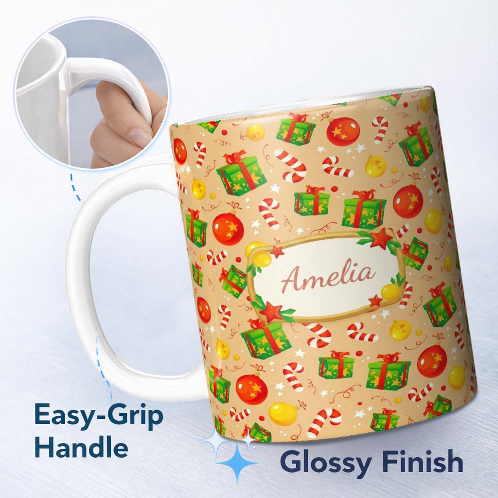 Personalized Custom Name Christmas Baubles Candy Cane Gift Boxes Ornaments Festive Seamless 11oz Ceramic Coffee Tea Mug White Large Handle