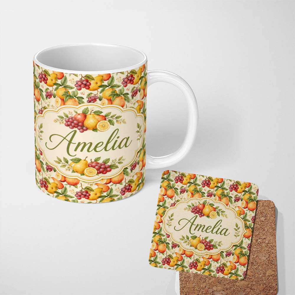 Personalized Custom Name Warm Vintage Pear and Berry Botanical Seamless Pattern Lovely 11oz Ceramic Coffee Tea Mug White Large Handle