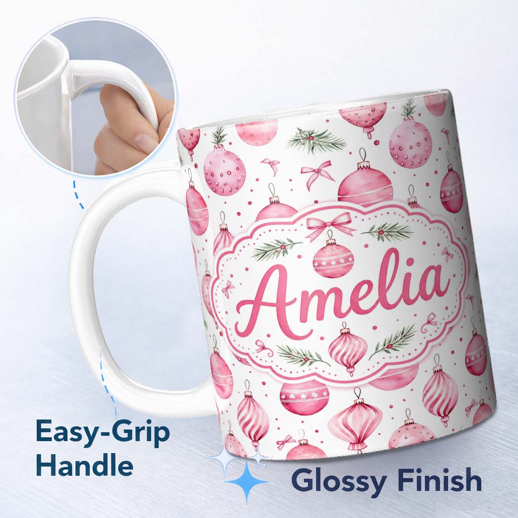 Personalized Custom Name Watercolor Pink Christmas Bauble Pine Branch Seamless Pattern Lovely 11oz Ceramic Coffee Tea Mug White Large Handle