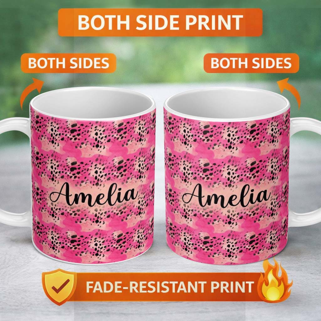 Personalized Custom Name Pink Mixed Media Abstract Leopard Splash Seamless Pattern Lovely 11oz Ceramic Coffee Tea Mug White Large Handle