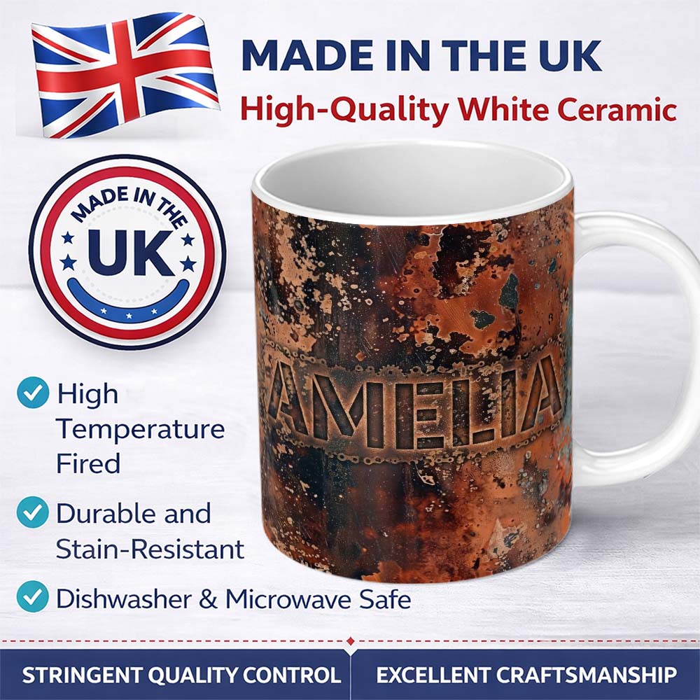 Personalized Custom Name Vertical Rust Drip Texture Dark Industrial Grunge Seamless Pattern 11oz Ceramic Coffee Tea Mug White Large Handle