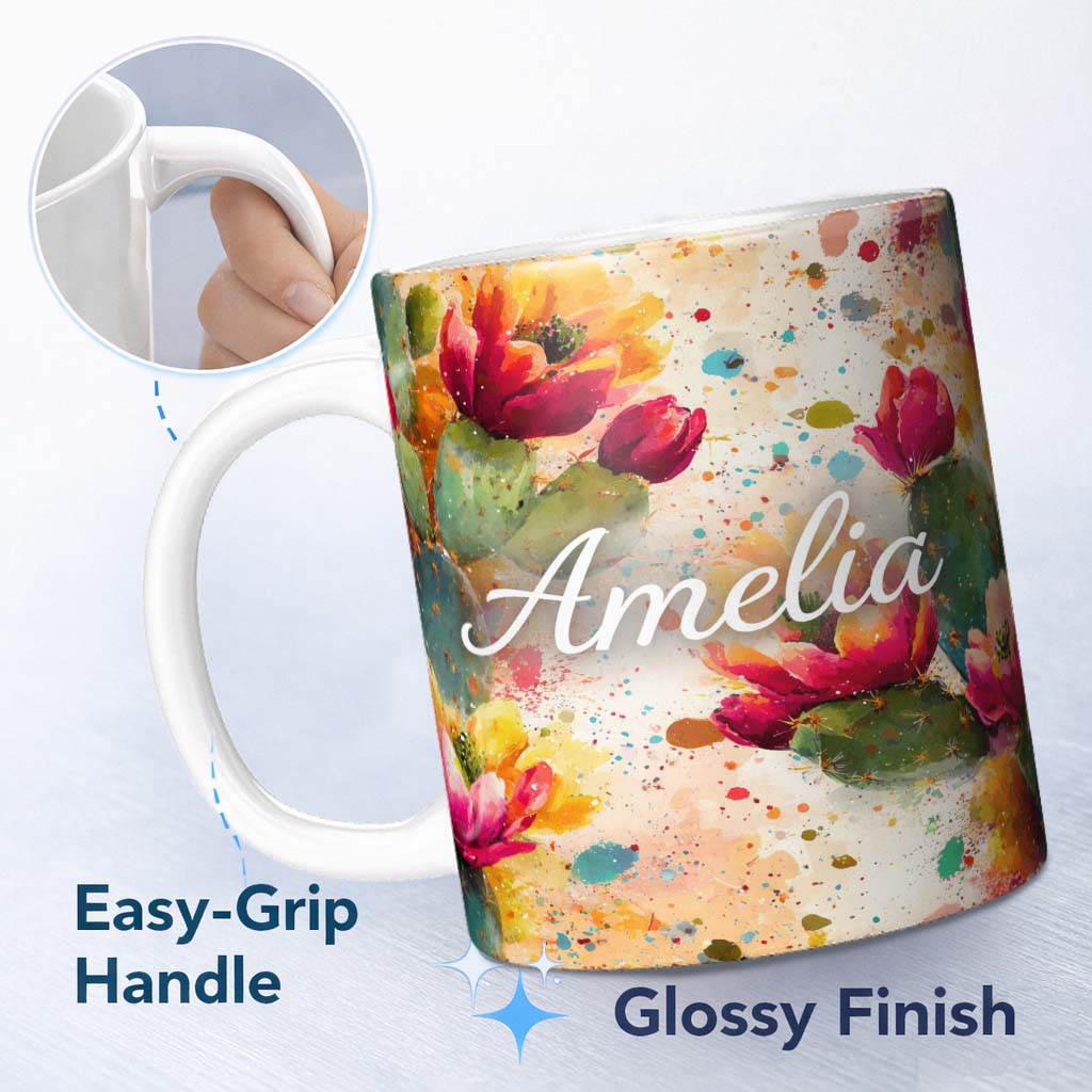 Personalized Custom Name Bright Watercolor Cactus Flower Abstract Seamless Pattern Lovely 11oz Ceramic Coffee Tea Mug White Large Handle