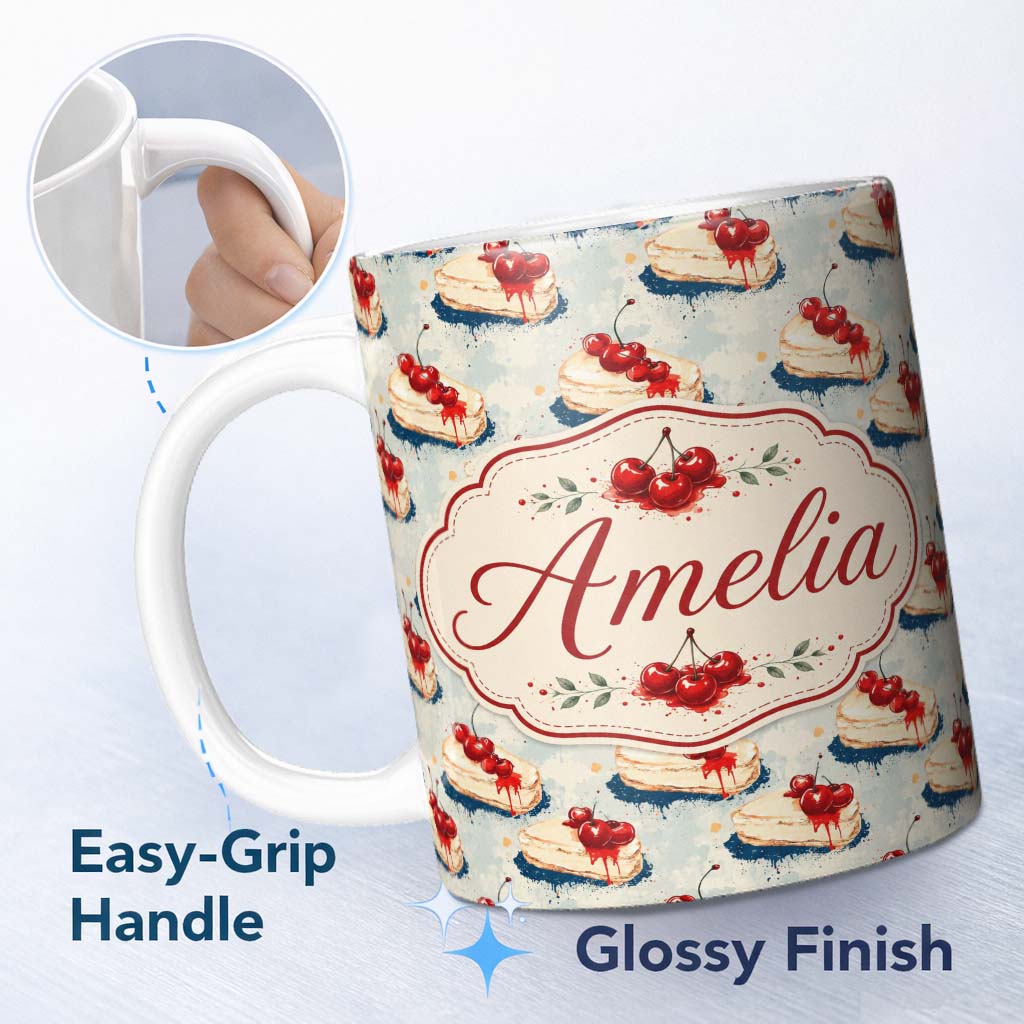 Personalized Custom Name Cherry Drip Cheesecake Slice Vintage Dessert Seamless Pattern Lovely 11oz Ceramic Coffee Tea Mug White Large Handle