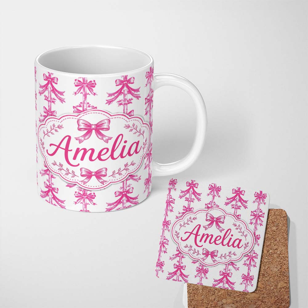 Personalized Custom Name Vintage Pink Ribbon Bow Stripe Elegant Seamless Pattern Lovely 11oz Ceramic Coffee Tea Mug White Large Handle