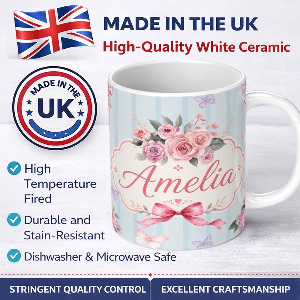 Personalized Custom Name Elegant Watercolor Rose Bouquet Ribbon Butterfly Soft Blue Stripe 11oz Ceramic Coffee Tea Mug White Large Handle