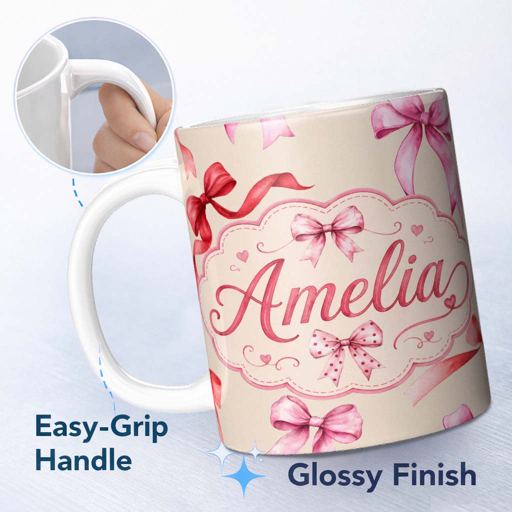 Personalized Custom Name Watercolor Red Pink Ribbon Bows Warm Beige Background Cute Girly 11oz Ceramic Coffee Tea Mug White Large Handle
