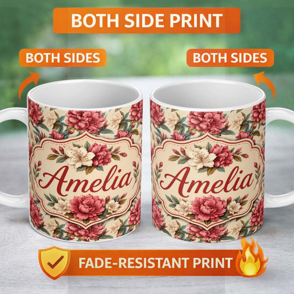 Personalized Custom Name Red and Cream Botanical Flower Garden Seamless Pattern Lovely 11oz Ceramic Coffee Tea Mug White Large Handle
