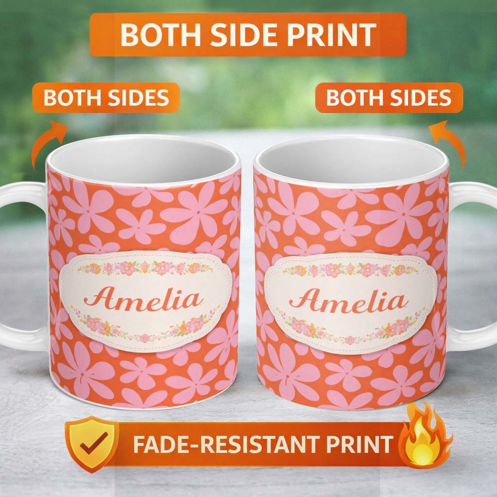 Personalized Custom Name Bold Pink Floral Retro Orange Background Seamless Pattern Lovely 11oz Ceramic Coffee Tea Mug White Large Handle