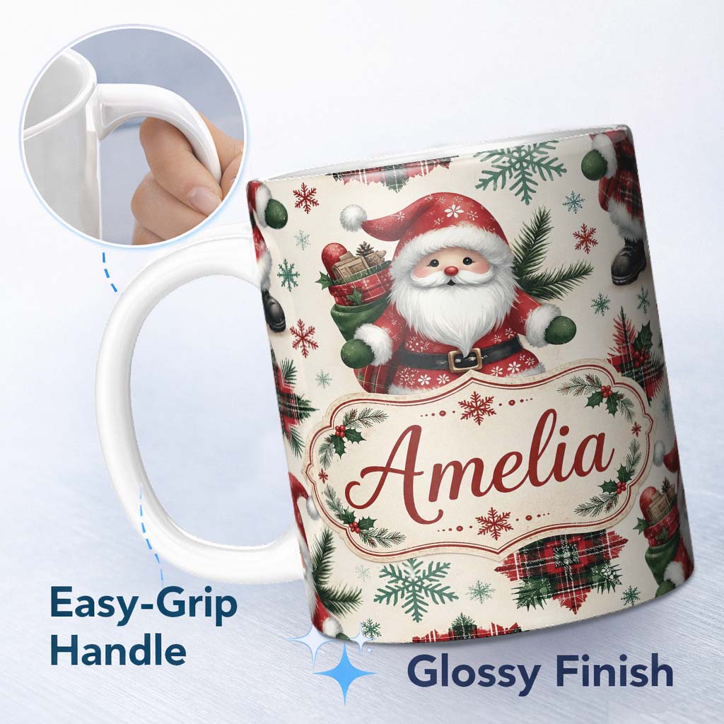 Personalized Custom Name Cute Santa Character Gifts Snowflakes Seamless Pattern Lovely 11oz Ceramic Coffee Tea Mug White Large Handle