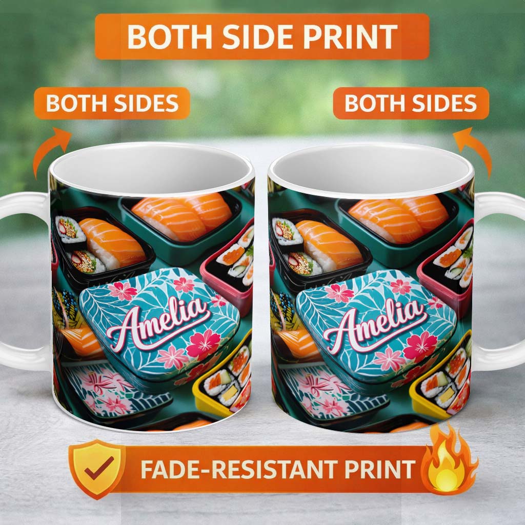 Personalized Custom Name Colorful Sushi Bento Boxes with Salmon and Rolls Pattern Food Theme 11oz Ceramic Coffee Tea Mug White Large Handle