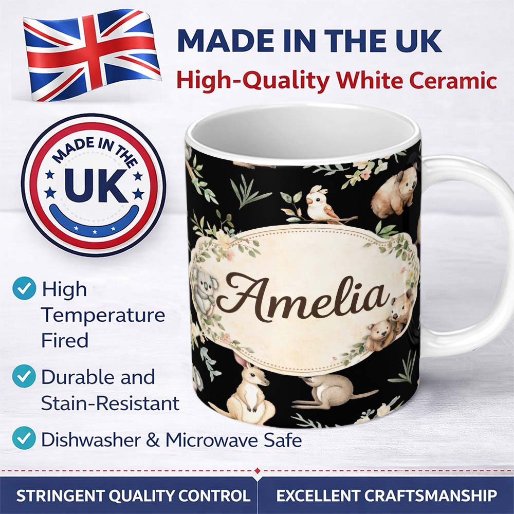 Personalized Custom Name Soft Watercolor Animals Botanical Pattern Charming Kitchen Decor 11oz Ceramic Coffee Tea Mug White Large Handle