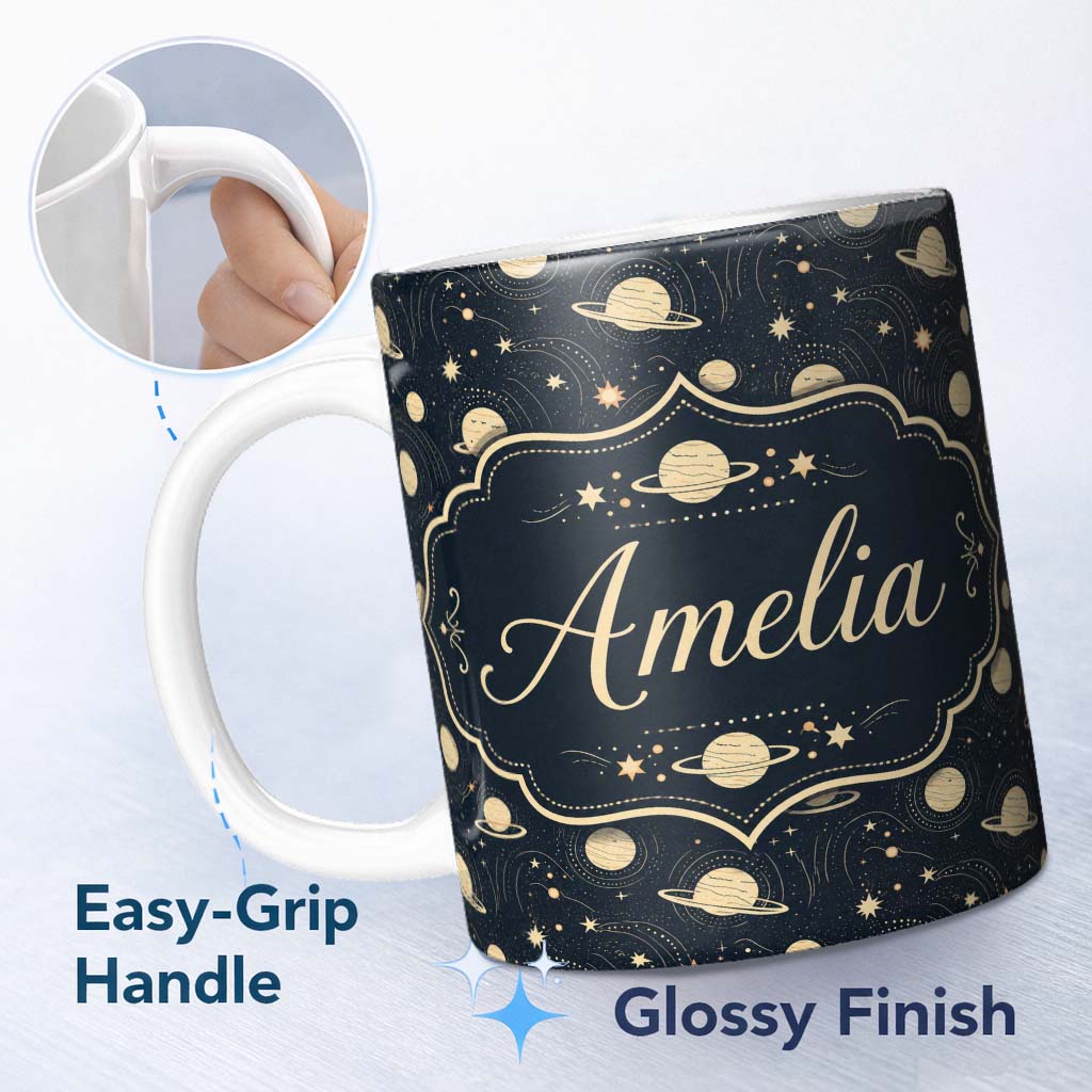 Personalized Custom Name Celestial Planets Stars Orbit Line Art Seamless Pattern Lovely 11oz Ceramic Coffee Tea Mug White Large Handle