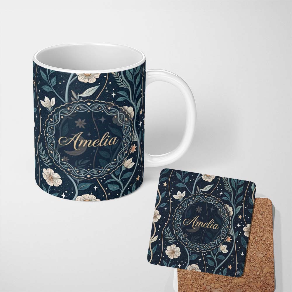 Personalized Custom Name Floral Moon Stars Night Sky Botanical Garden Seamless Pattern Lovely 11oz Ceramic Coffee Tea Mug White Large Handle