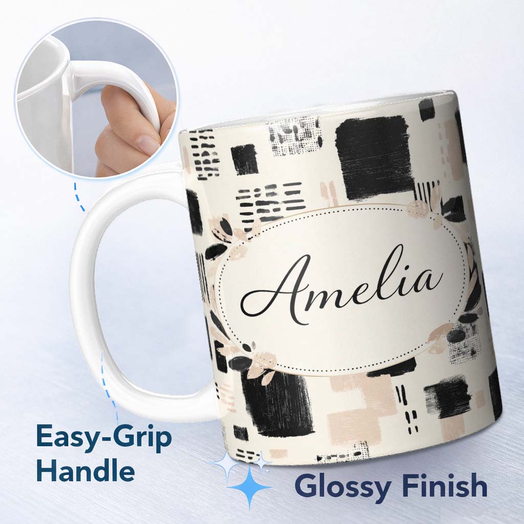 Personalized Custom Name Textured Brush Blocks Black Beige Artistic Abstract Pattern Lovely 11oz Ceramic Coffee Tea Mug White Large Handle