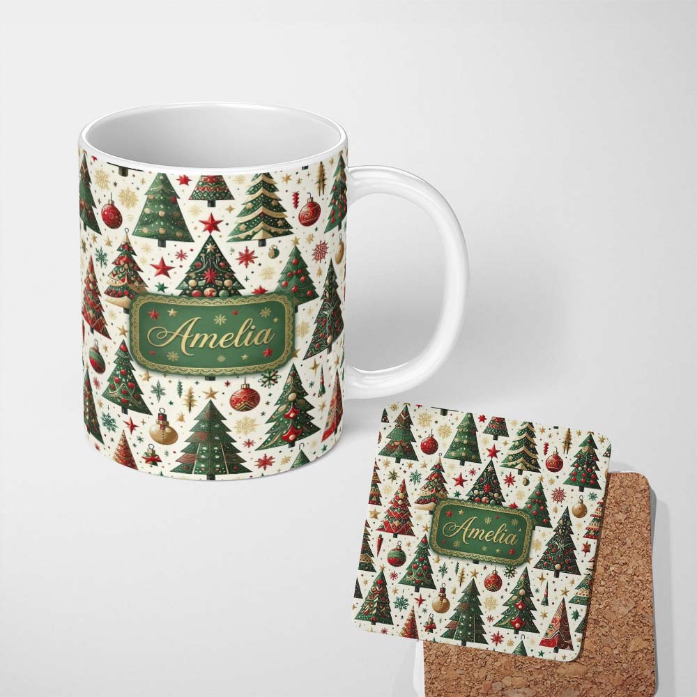 Personalized Custom Name Classic Christmas Tree Ornaments and Festive Decor Seamless Pattern 11oz Ceramic Coffee Tea Mug White Large Handle