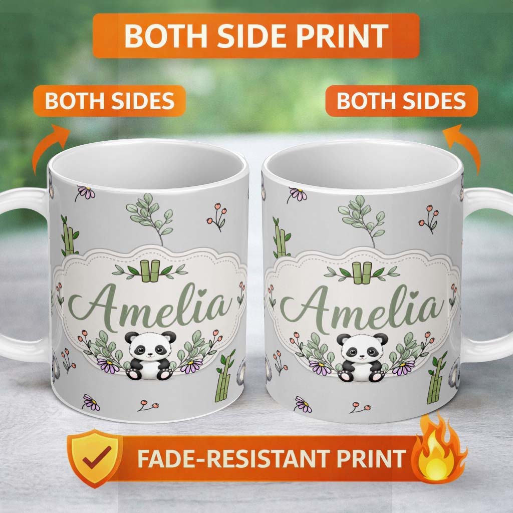 Personalized Custom Name Cute Panda Bamboo and Floral Minimal Seamless Pattern on Light Grey 11oz Ceramic Coffee Tea Mug White Large Handle