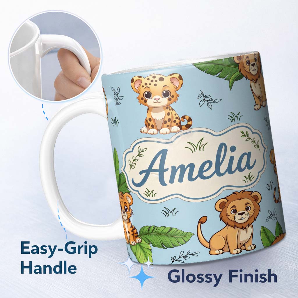 Personalized Custom Name Cute Jungle Animals Leaves Seamless Pattern Perfect Gift for Her 11oz Ceramic Coffee Tea Mug White Large Handle