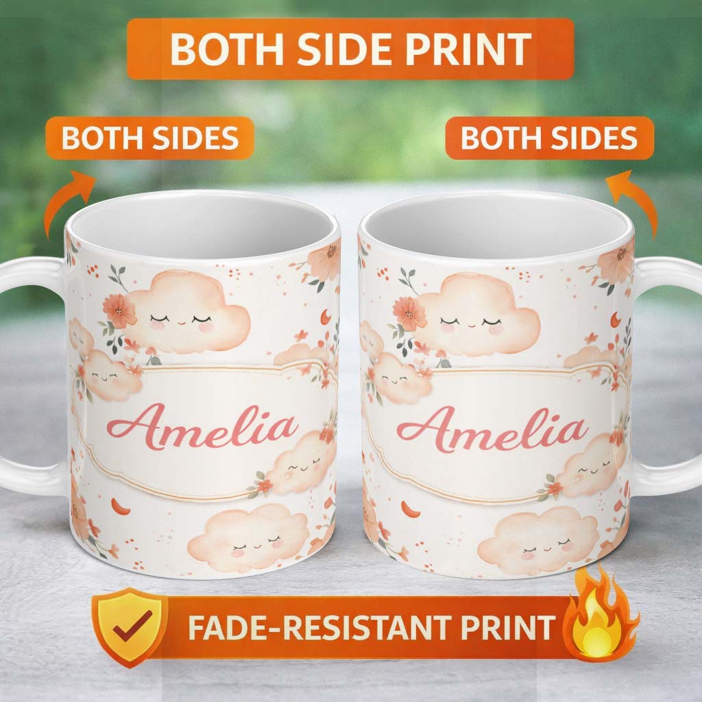 Personalized Custom Name Peach Cloud and Floral Dreamy Pattern Beautiful Coffee Cup Lovely 11oz Ceramic Coffee Tea Mug White Large Handle