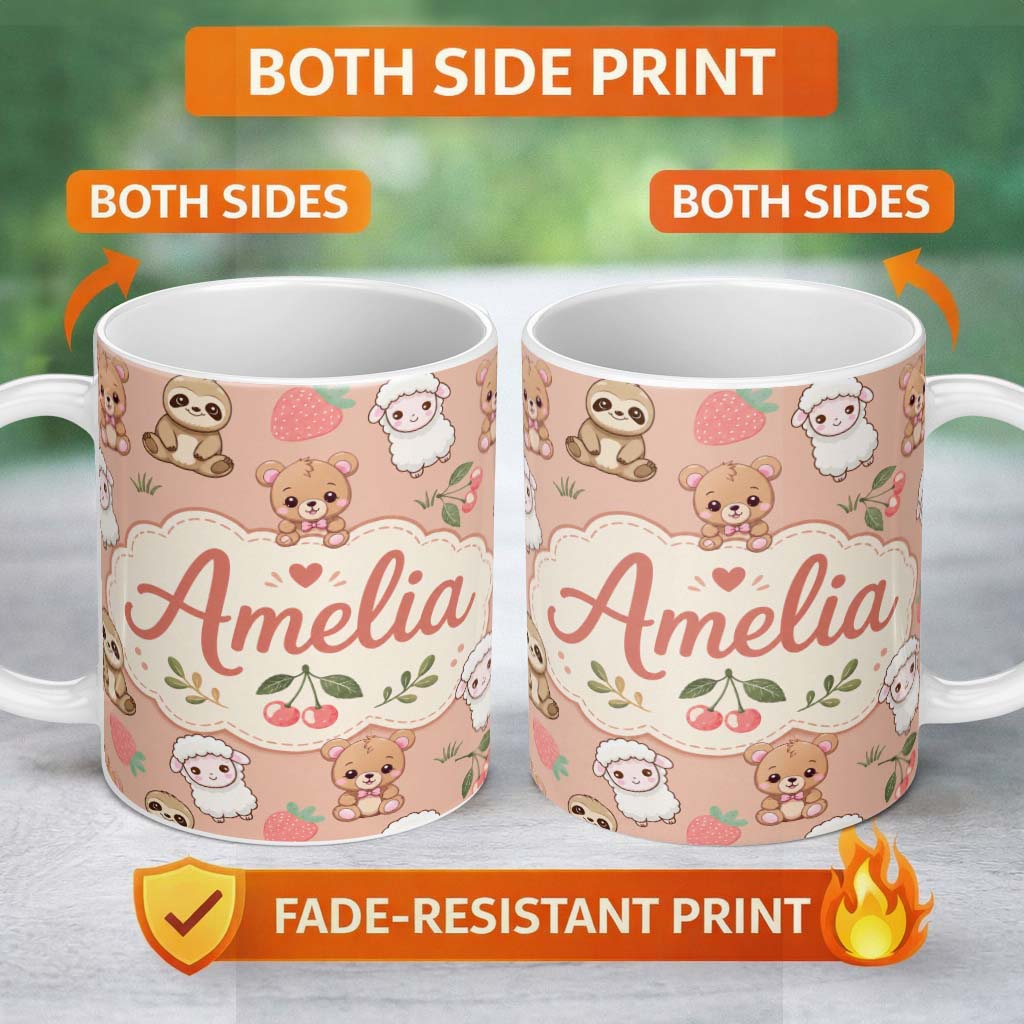 Personalized Custom Name Cute Cute Baby Animals Bear Sheep Sloth Strawberry Cherry Peach 11oz Ceramic Coffee Tea Mug White Large Handle