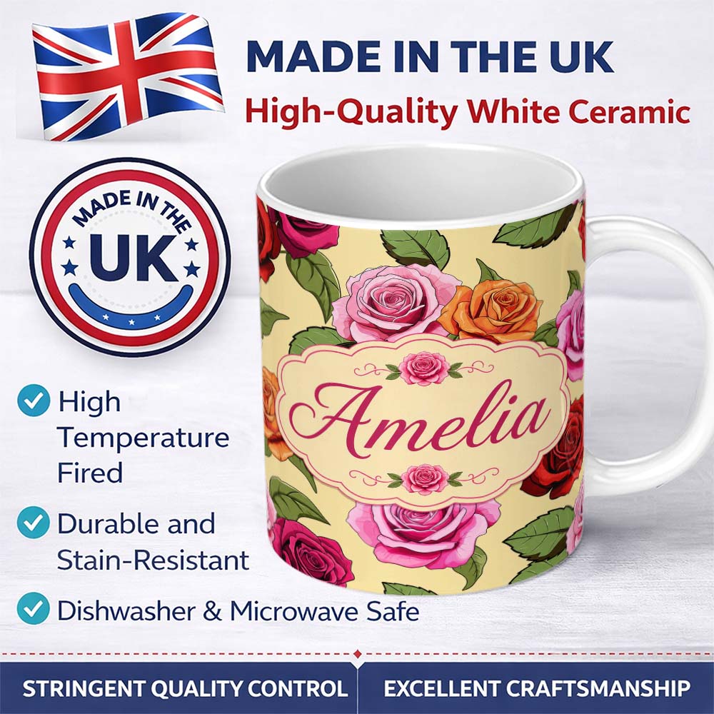 Personalized Custom Name Colorful Roses on Warm Beige Background Seamless Floral Pattern 11oz Ceramic Coffee Tea Mug White Large Handle