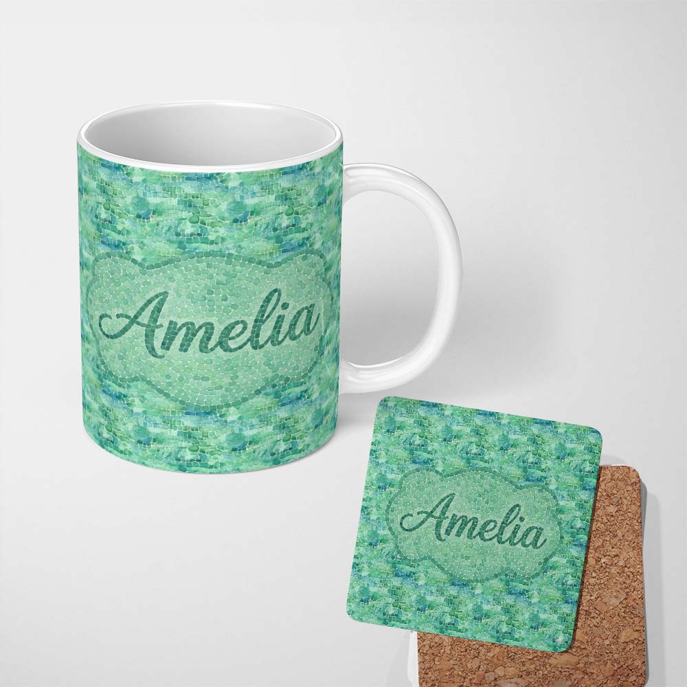 Personalized Custom Name Aqua Green Crocodile Texture Pattern Exotic Leather Effect Design 11oz Ceramic Coffee Tea Mug White Large Handle