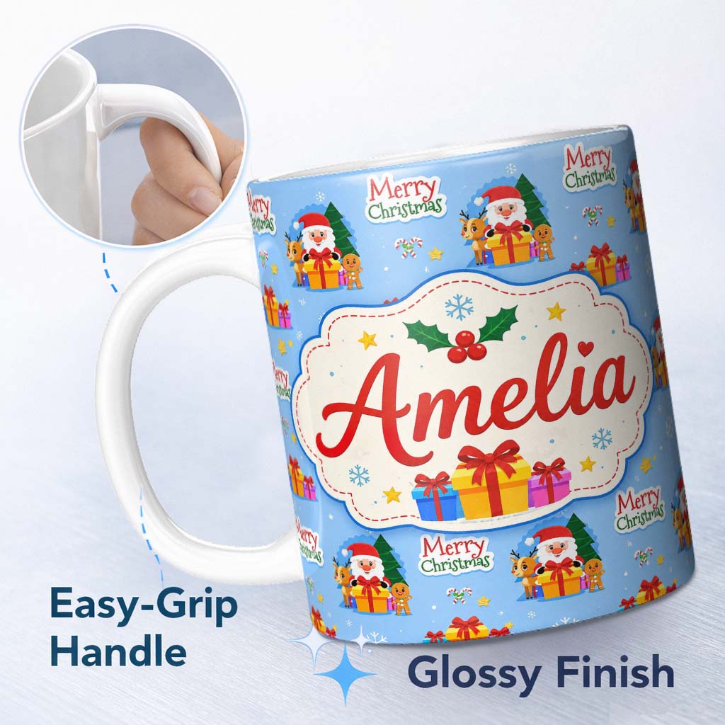 Personalized Custom Name Cute Santa Reindeer Gingerbread Merry Christmas Seamless Pattern 11oz Ceramic Coffee Tea Mug White Large Handle