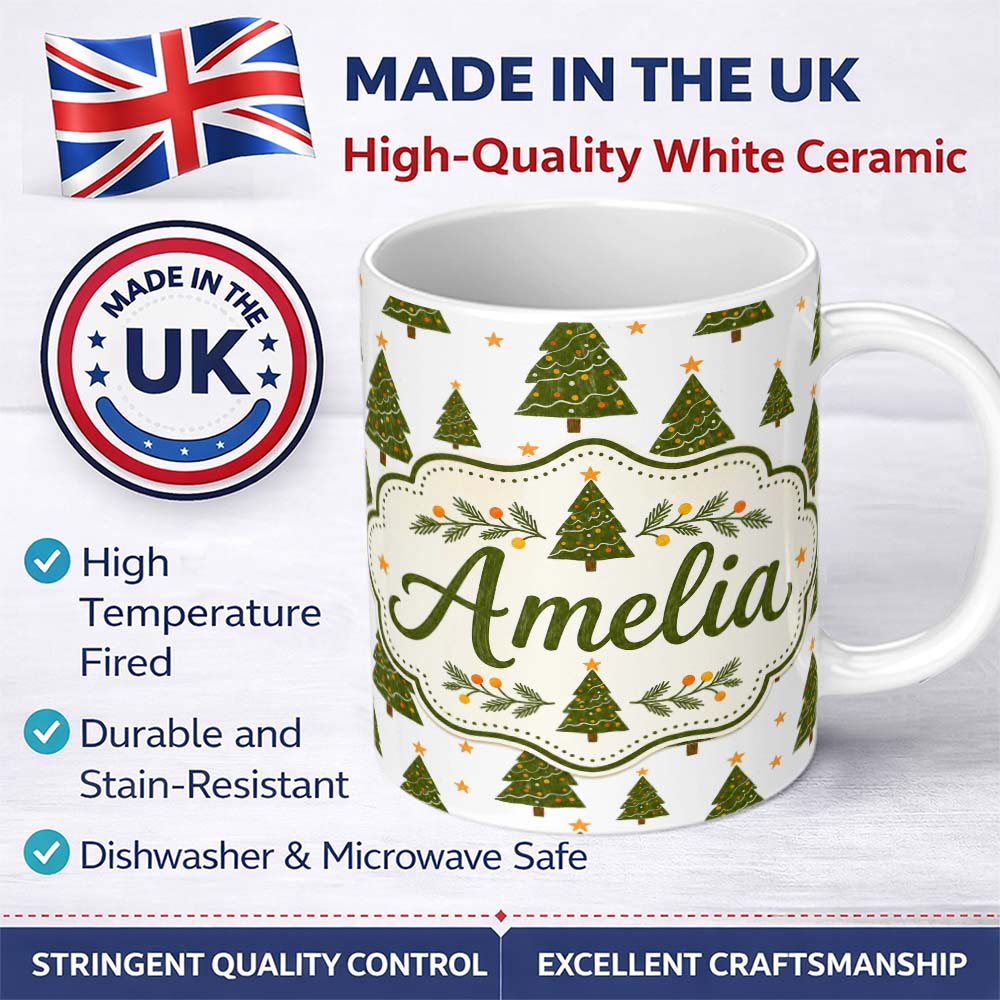 Personalized Custom Name Hand Drawn Christmas Trees with Stars Minimal Seamless Pattern 11oz Ceramic Coffee Tea Mug White Large Handle