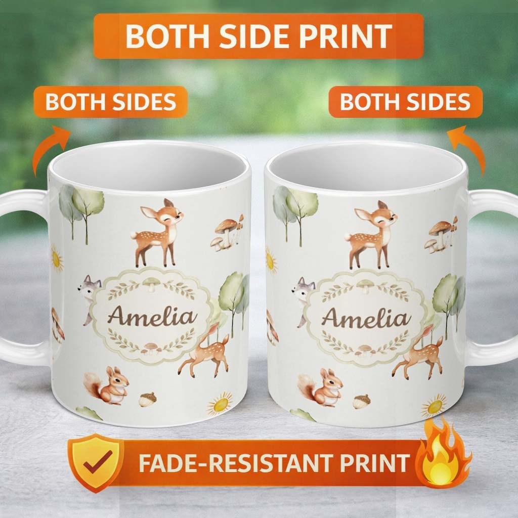 Personalized Custom Name Cute Woodland Deer Fox Mushroom Seamless Pattern on Light Grey 11oz Ceramic Coffee Tea Mug White Large Handle