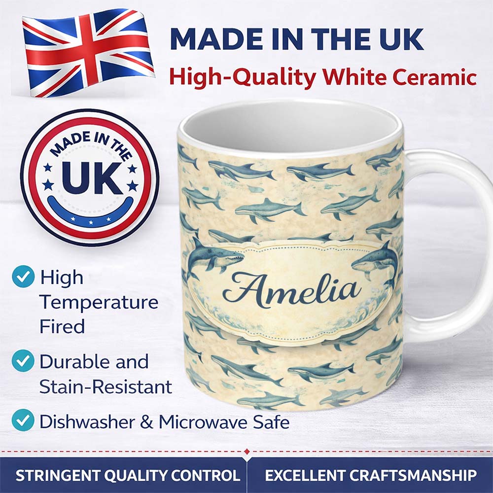 Personalized Custom Name Vintage Blue Whale Seamless Pattern Beige Ocean Animal Design Lovely 11oz Ceramic Coffee Tea Mug White Large Handle