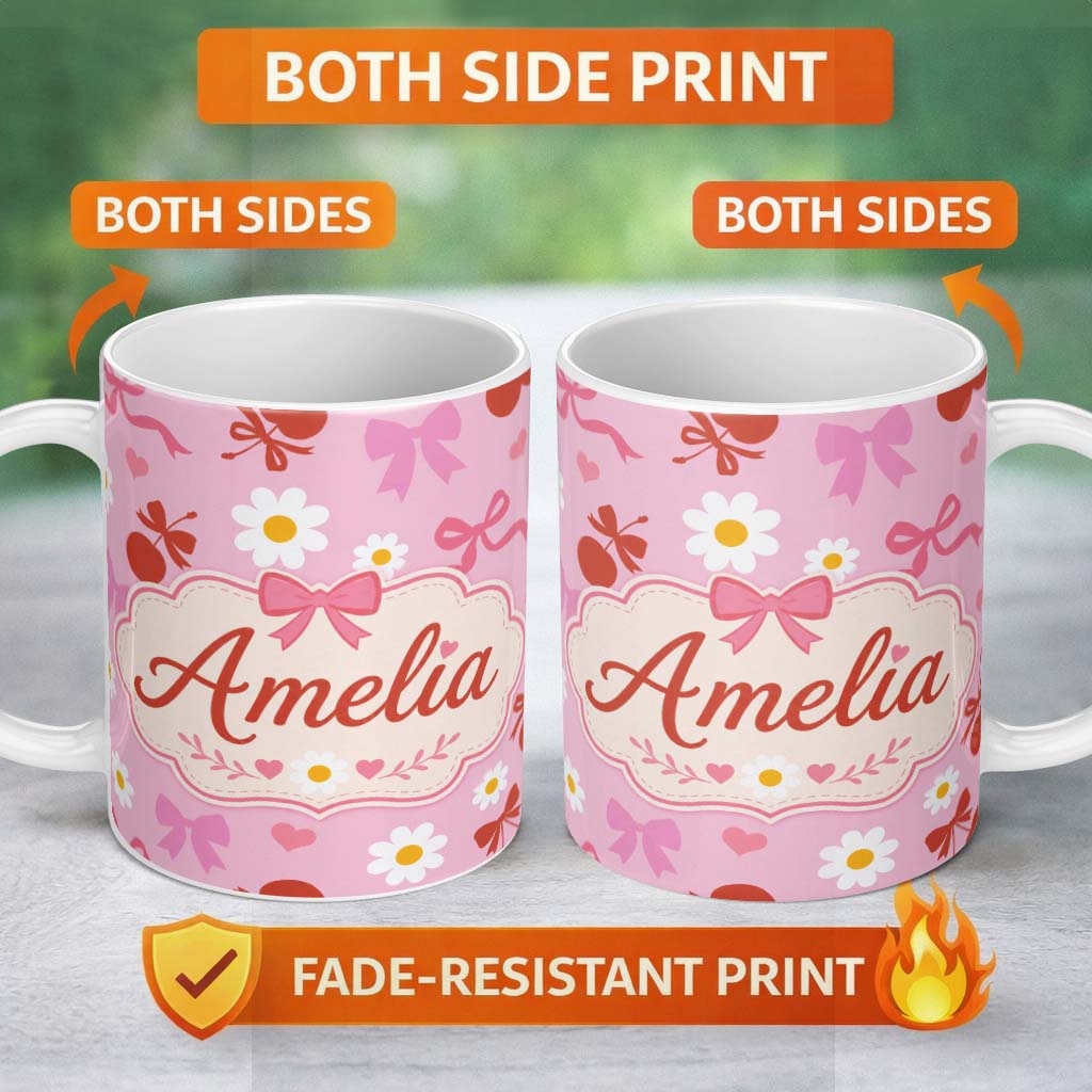 Personalized Custom Name Pink Cherry and Bow Decorative with Floral Elements Sweet Style 11oz Ceramic Coffee Tea Mug White Large Handle