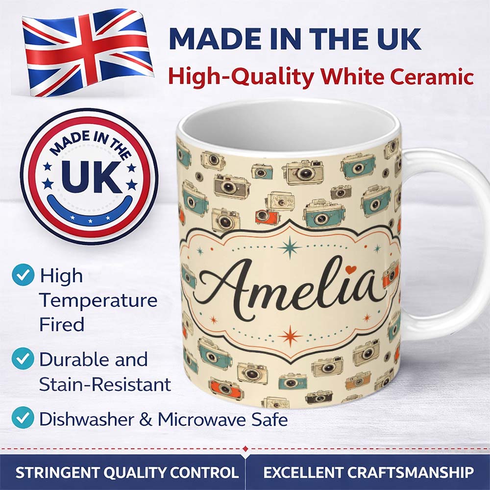 Personalized Custom Name Retro Camera Collage Seamless Pattern on Light Neutral Background 11oz Ceramic Coffee Tea Mug White Large Handle